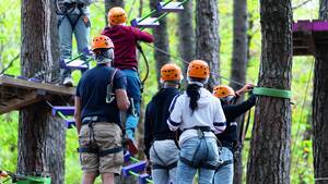 Eine Gruppe in einem Hochseilgarten.