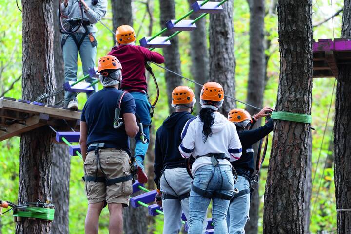 Eine Gruppe in einem Hochseilgarten.