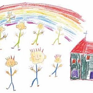 Kinderzeichnung mit Regenbogen, Kirche und Menschen