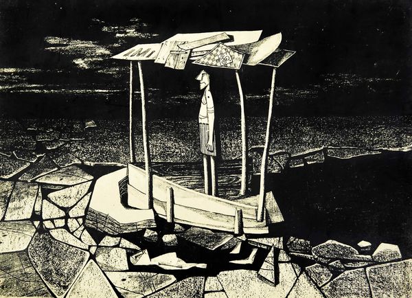 Lithographie „Treibeis – festgefahren“: Ein Mann steht in einem festgefahrenem Boot.