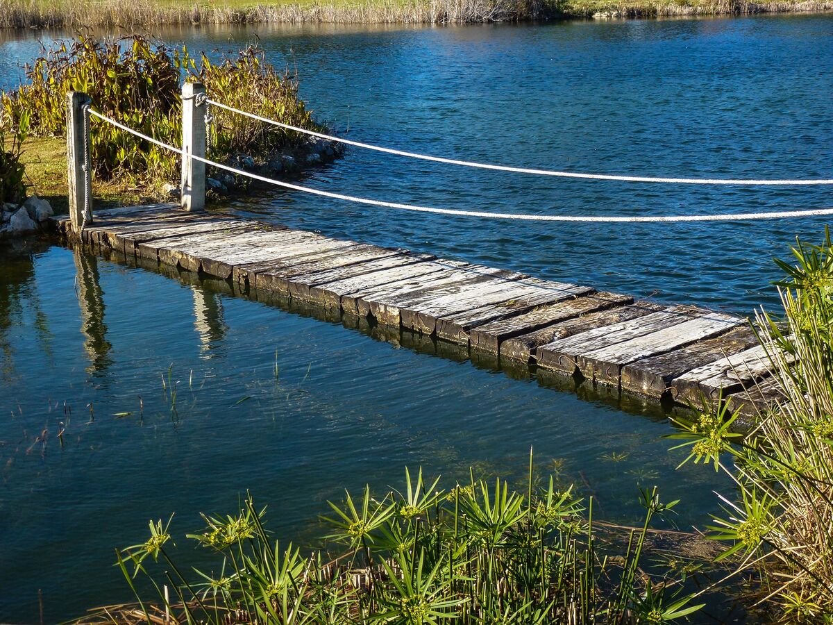 Brücke mit Handlauf zwischen zwei Inseln auf einem See