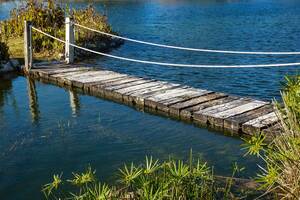 Brücke mit Handlauf zwischen zwei Inseln auf einem See