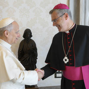 Papst Leo XIV. begrüßt Bischof Dr. Heiner Wilmer mit Handschlag.