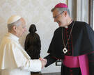 Papst Leo XIV. begrüßt Bischof Dr. Heiner Wilmer mit Handschlag. 