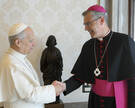 Papst Leo XIV. begrüßt Bischof Dr. Heiner Wilmer SCJ mit Handschlag. 
