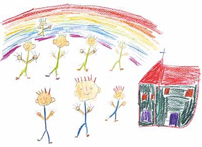 Kinderzeichnung mit Regenbogen, Kirche und Menschen