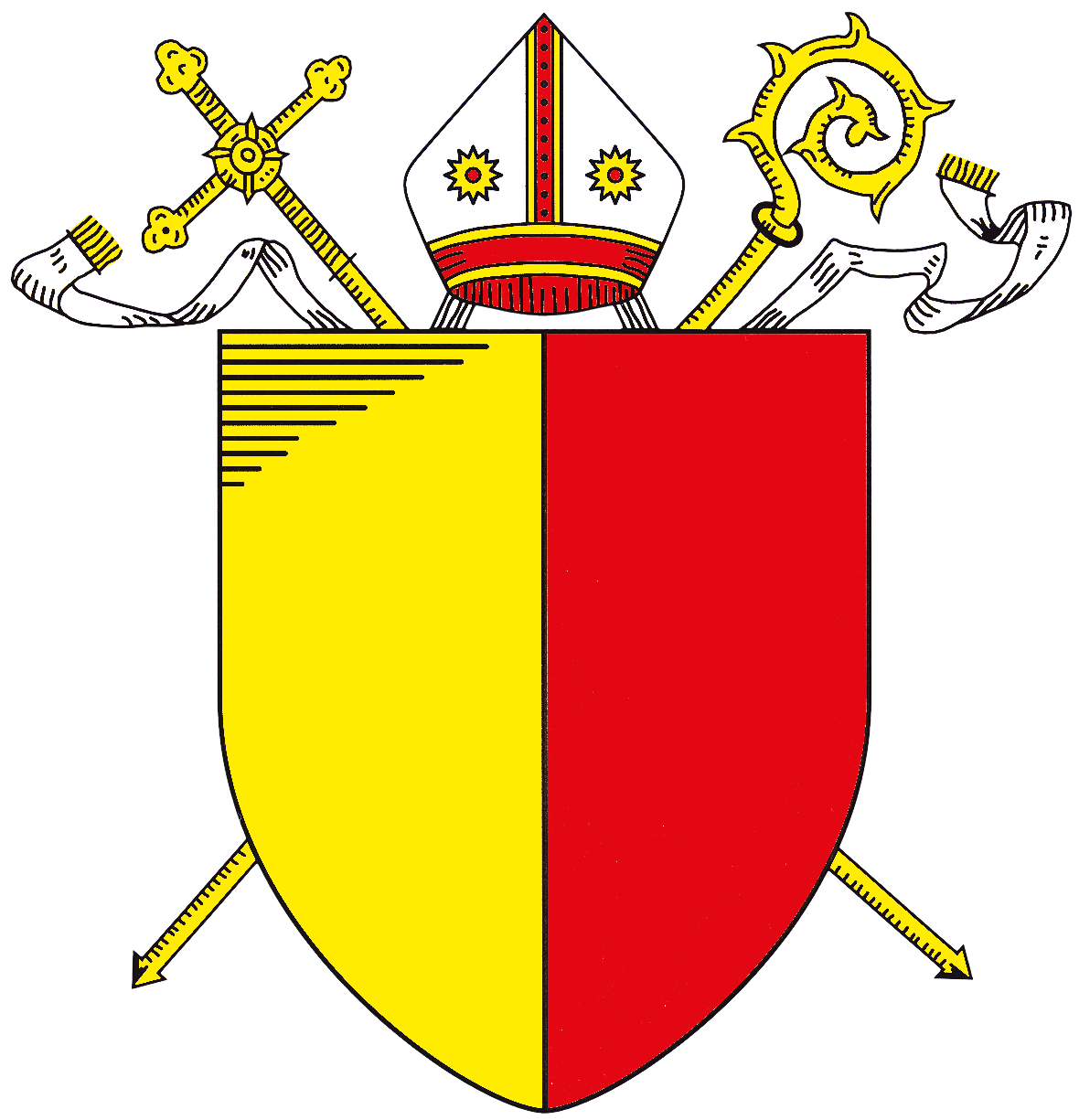 Wappen des Bistums Hildesheim: Ein in Gold und Rot gespaltener Schild, umrahmt von einer Mitra und zwei Bischofsstäben.