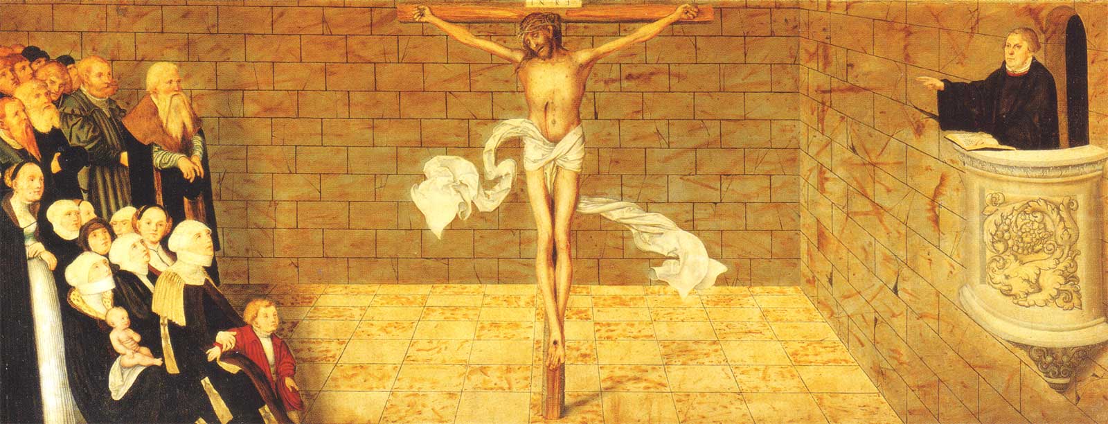„Martin Luther predigt den gekreuzigten Christus.“ Lucas Cranach, Reformations-Altar in der Stadtkirche von Wittenberg.