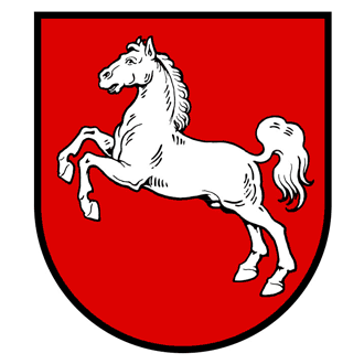 Das Niedersachsen-Wappen mit Niedersachsenross auf rotem Grund.